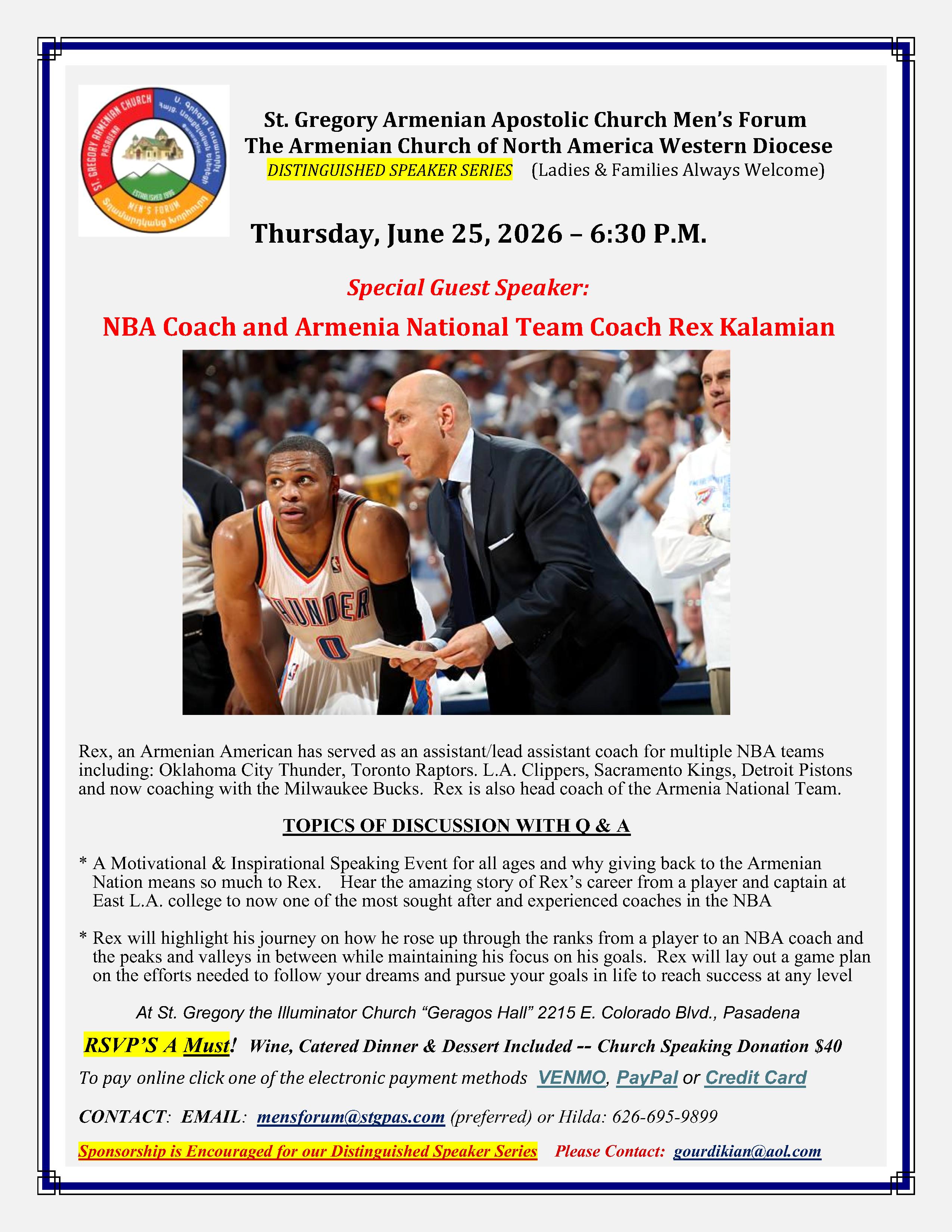 St. Gregory's Men's Forum to Feature NBA and Armenia National Team Coach Rex Kalamian