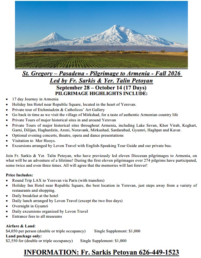 Fr. Sarkis Petoyan to Lead Pilgrimage to Armenia