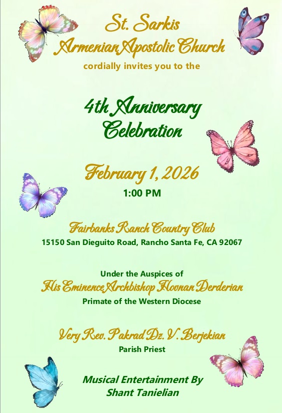 ST. SARKIS ARMENIAN CHURCH TO CELEBRATE 4th ANNIVERSARY IN SAN DIEGO